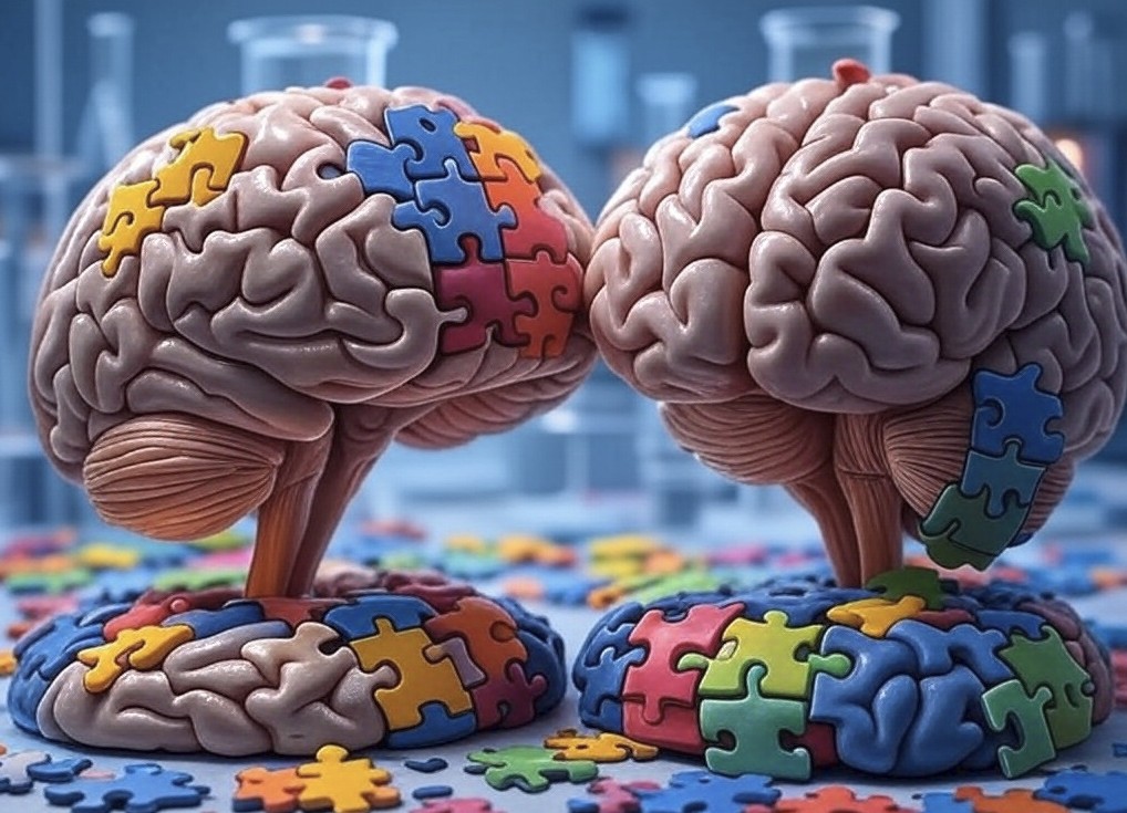 Deux cerveaux, face à face, composés de pièces de puzzle colorées.